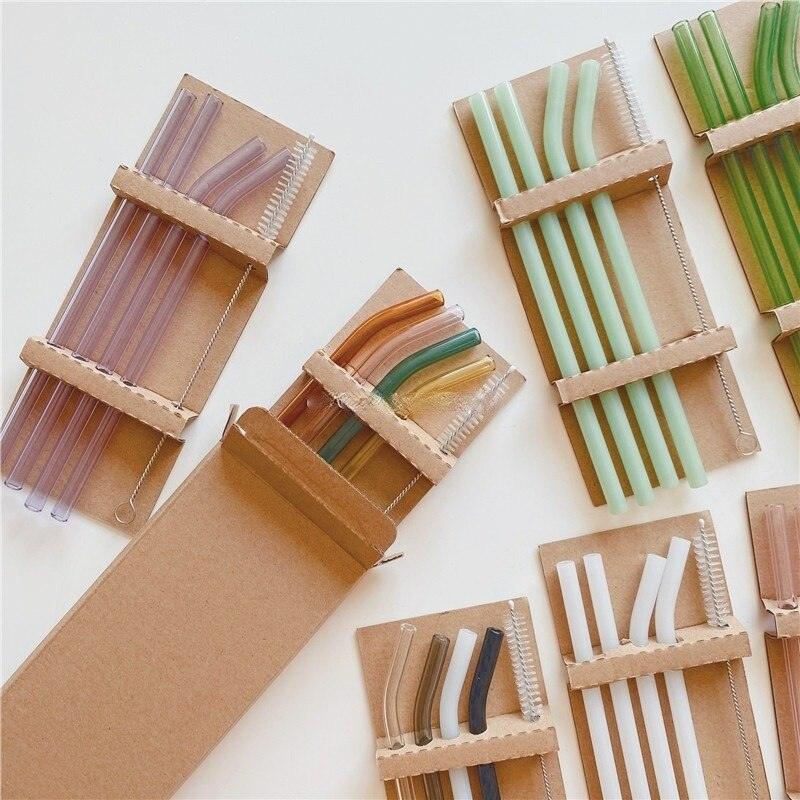 4pc Reusable Glass Straws Water Cup Straw Cup Colorful Heat Resistant Glass Straw with Cleaning Brush Drinking Milk Tea - Brooklyn Home - 0