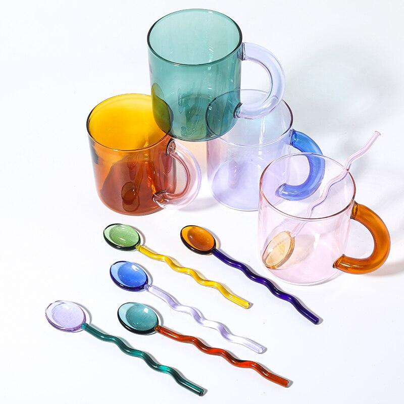 Colorful Fat Handle Glass Mug Coffee Cup Glass Spoon Borosilicate Glass Cup Office Cups Birthday Gift Coffee Mugs Tea Spoon - Brooklyn Home - 0