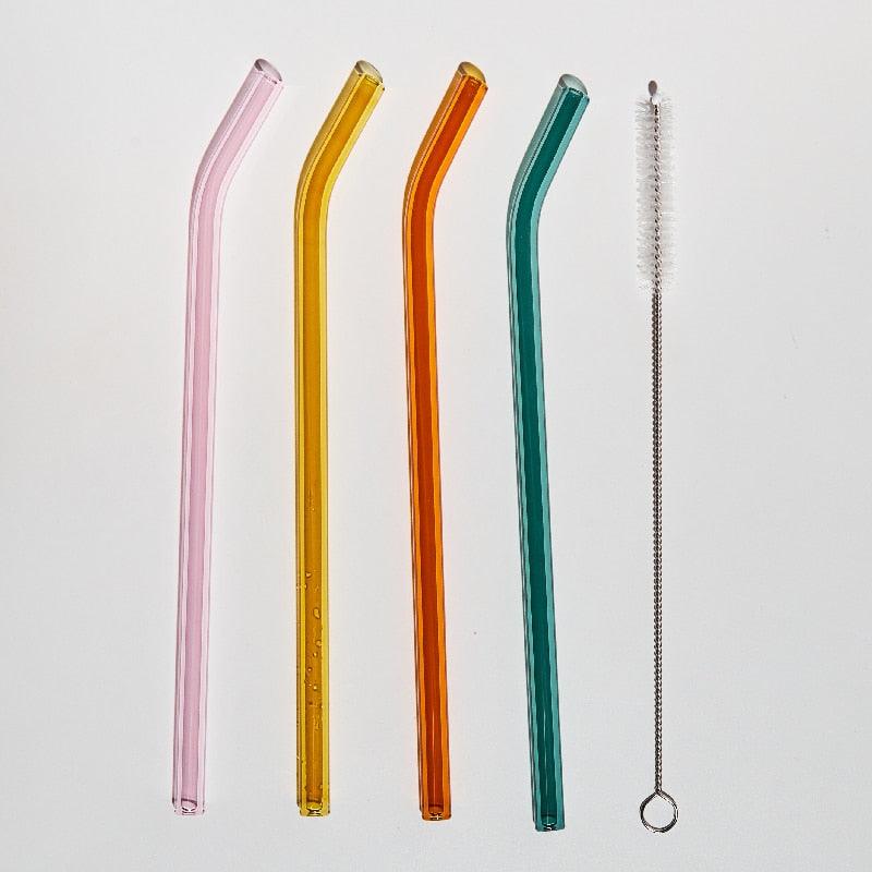 4pc Reusable Glass Straws Water Cup Straw Cup Colorful Heat Resistant Glass Straw with Cleaning Brush Drinking Milk Tea - Brooklyn Home - 0