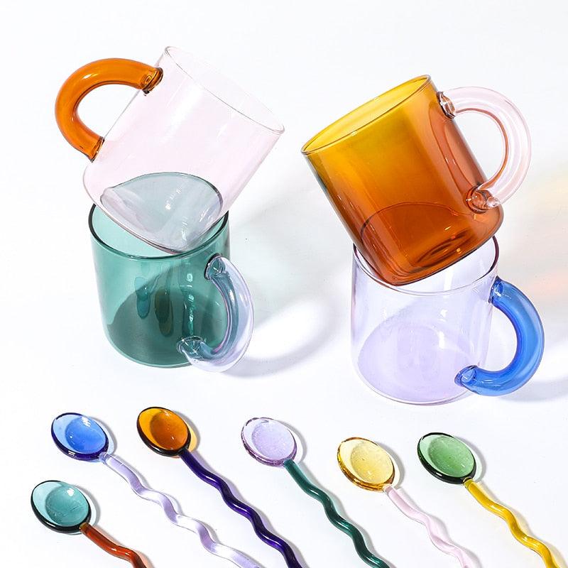 Colorful Fat Handle Glass Mug Coffee Cup Glass Spoon Borosilicate Glass Cup Office Cups Birthday Gift Coffee Mugs Tea Spoon - Brooklyn Home - 0